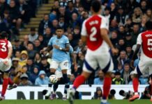 Haaland nets 100th goal as Man City force 10-man Arsenal to draw